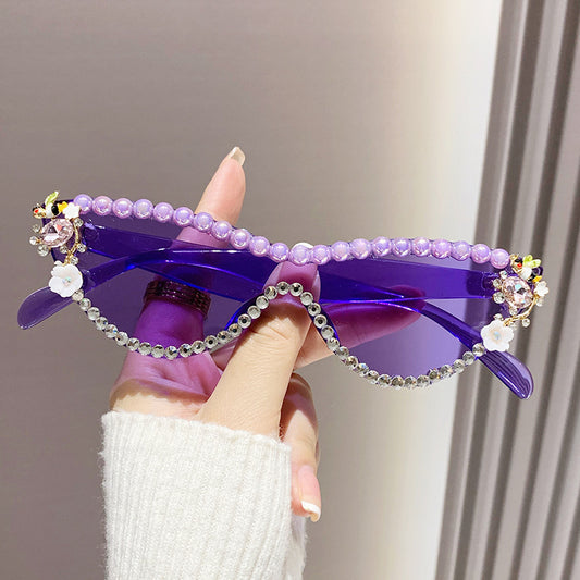 Women's fashion glasses 太阳眼镜ins网红猫眼欧美镶珍珠女潮墨镜彩色镜片水钻金属铰链