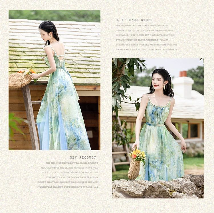 Dopamine dress Free shipping Tattoo Summer Dopamine Women's Retro French Style Green Suspender Dress with Cardigan Fairy Holiday Dress