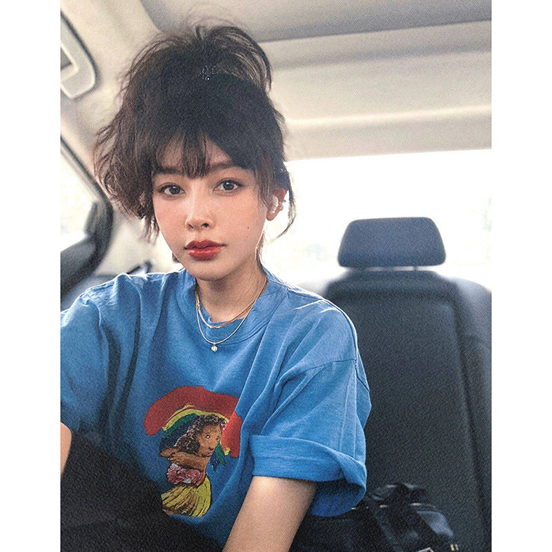 Dopamine tops Free shipping Tattoo Dopamine wears foreign-style age-reducing tops, European popular loose casual short-sleeved t-shirts, women's ins tide MX3333