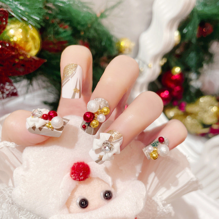 Fashion  nail New Handmade Wear Nail Christmas Manicure Christmas Bowknot Ball Wearable Patch Fake Nails U21