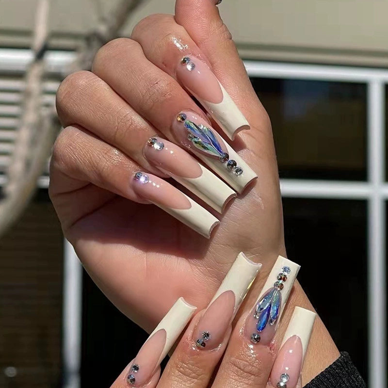 (Hand made nail) European and American Spicy Girl Super Long Instagram Dark Small Stand Retro Trapezoidal Shining Diamond Beauty False Nail Patch Detachable Wearable Nail