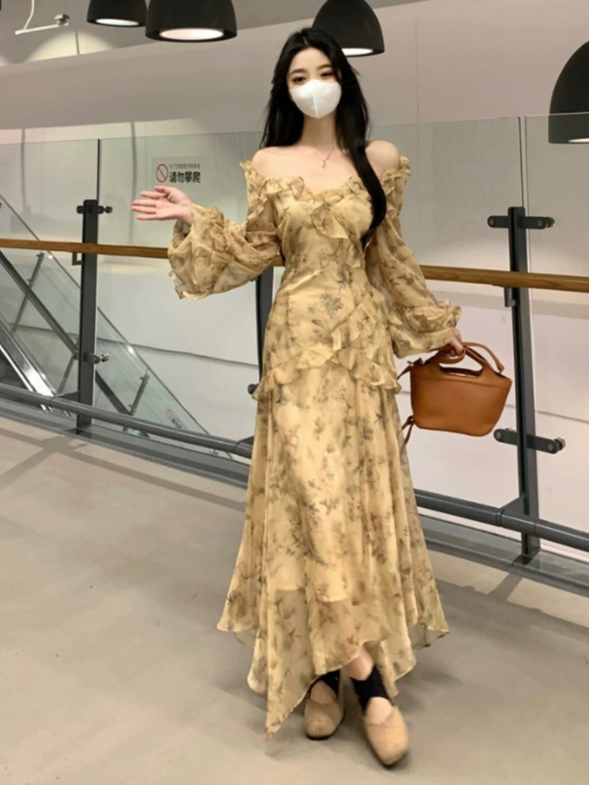 Fashion women's wear French Style Beautiful Yellow Floral Dress Spring plus Size Plump Girls Slimming Fairy Long Dress Style Skirt