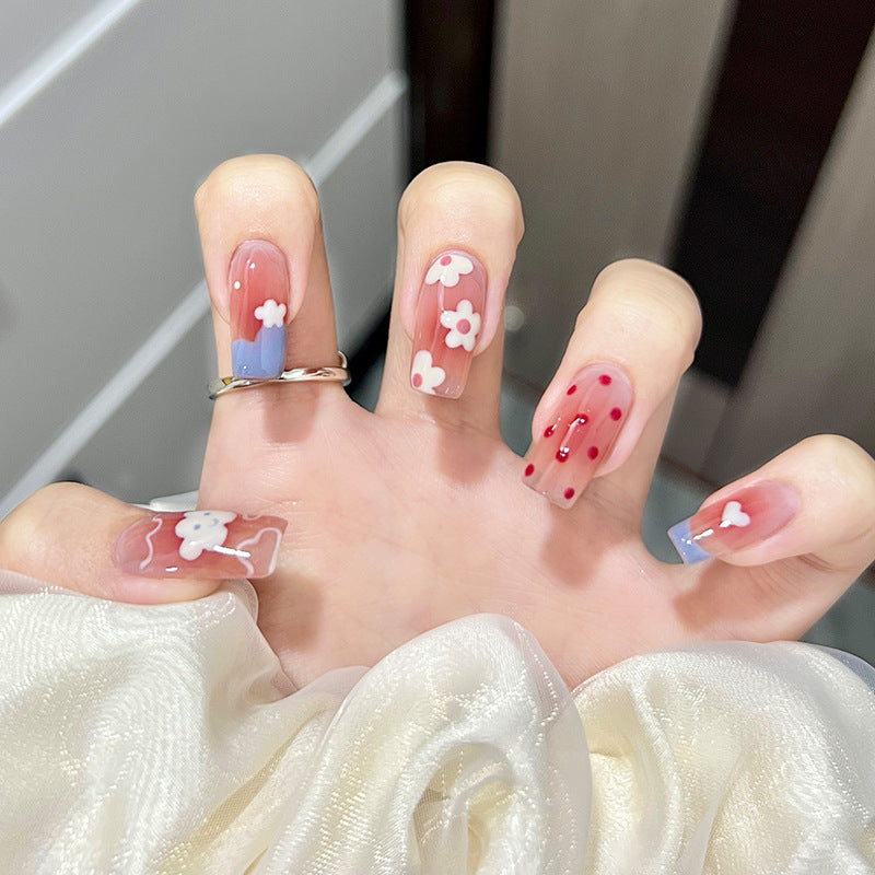 云朵花花穿戴甲爱心指甲贴片法式美甲片波点假指甲美甲贴片成品甲