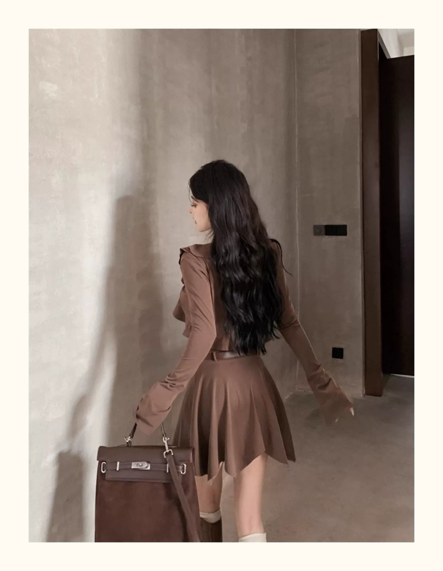 Fashion women's wear Brown Sleeveless Sling Dress Women's Summer Hot Girl Fitted Waist Pleated A- line Short Skirt Ruffled Cardigan Two-Piece Set