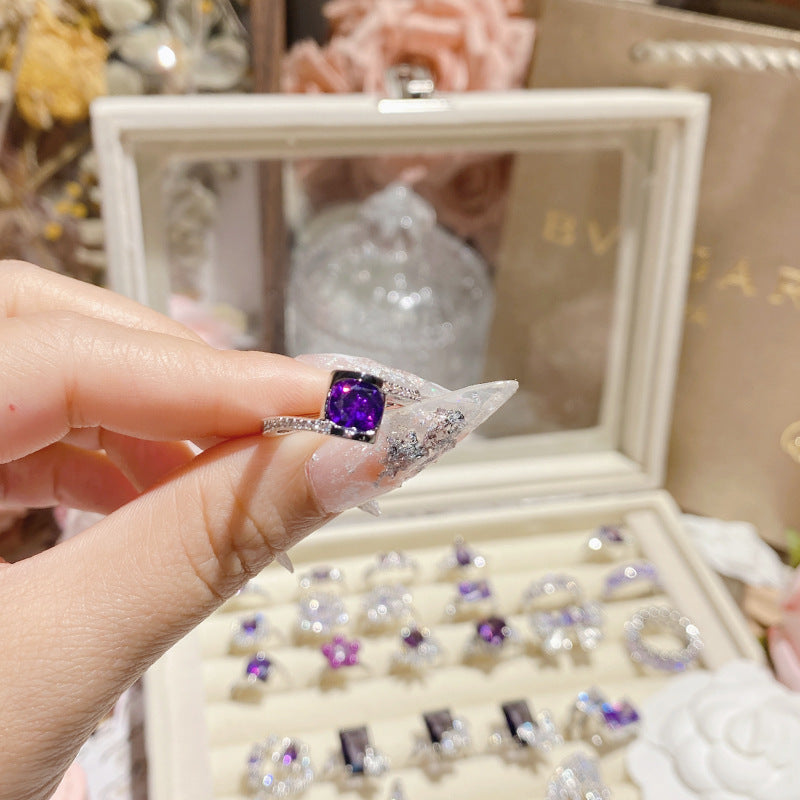 山茶超仙优雅梦幻紫钻系列戒指 镀18K金原创设计奢华爆闪高级指环