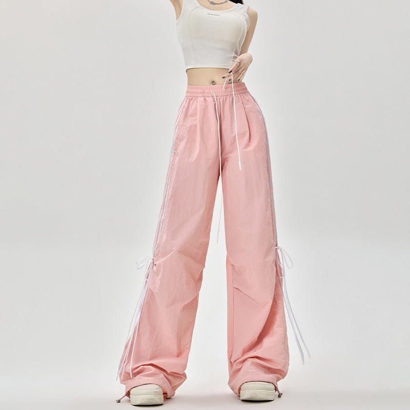 Dopamine pants Free shipping Tattoo American dopamine parachute overalls women's summer bow streamer dancing pants wide-leg ice silk quick-drying pants
