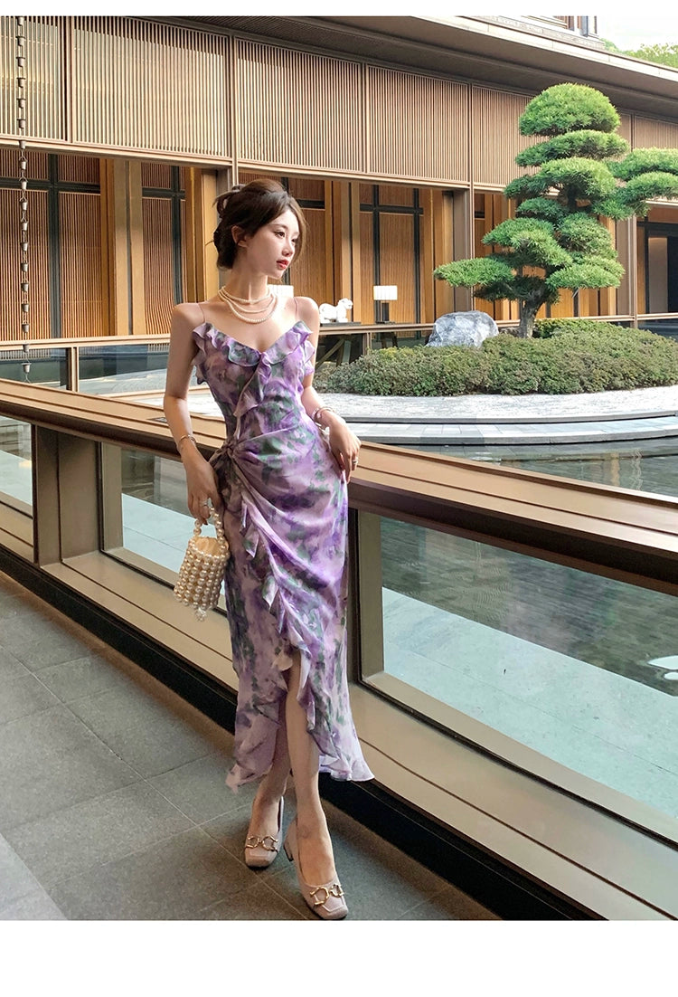 Fashion women's wear Purple Retro Irregular Yunnan Wear Travel Chiffon Floral Strap Dress Seaside Beach Skirt Summer