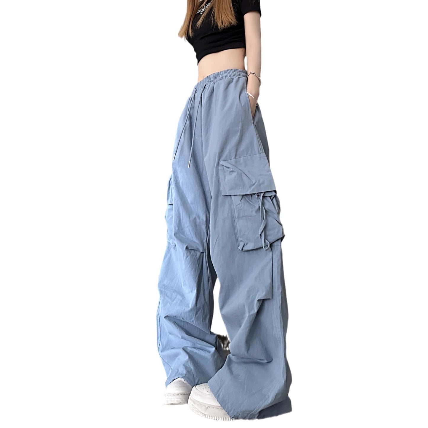 Fashion women's wear American Retro Quick-Drying Overalls Women's Three-Dimensional Pocket High Waist Straight Wide Leg Ribbon Loose Casual Mopping Trousers