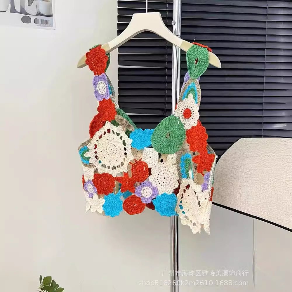 Dopamine tops Free shipping Tattoo Dopamine girly feeling colorful flower hollow sling vest women's summer design sense niche sweet knitted top