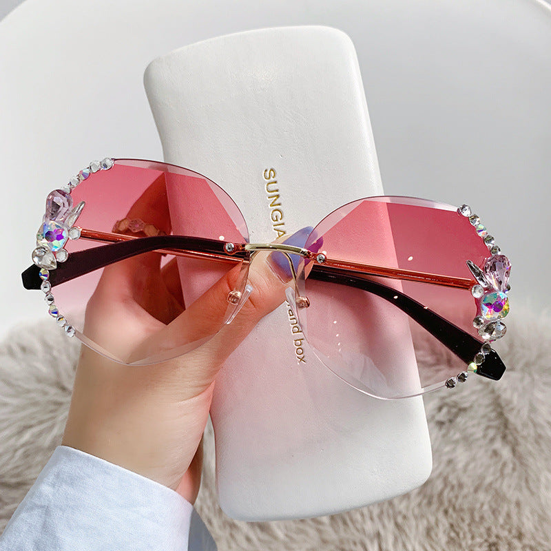 Women's fashion glasses 跨境镶钻无框水钻多边形墨镜女高级感ins大脸显瘦显脸小太阳镜