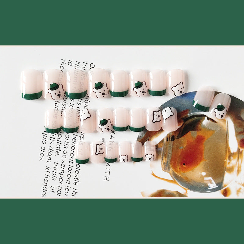 呆呆小熊可爱绿色法式穿戴甲指甲贴片美甲片假指甲美甲贴成品甲片