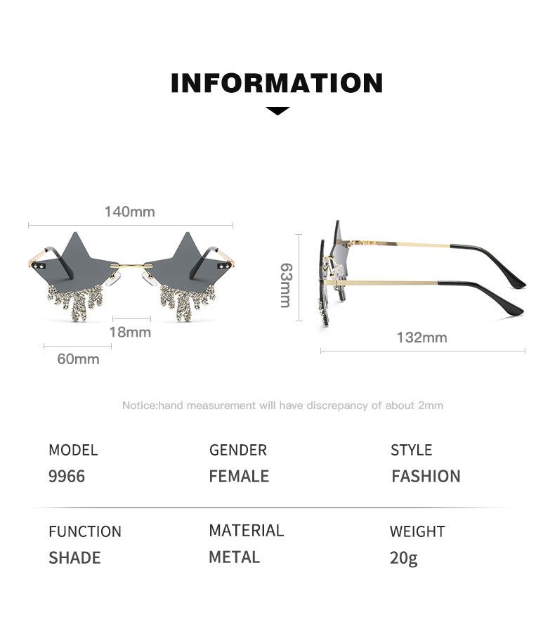 Women's fashion glasses 新款欧美五角星镶钻无框太阳镜女时尚个性夸张墨镜防紫外线
