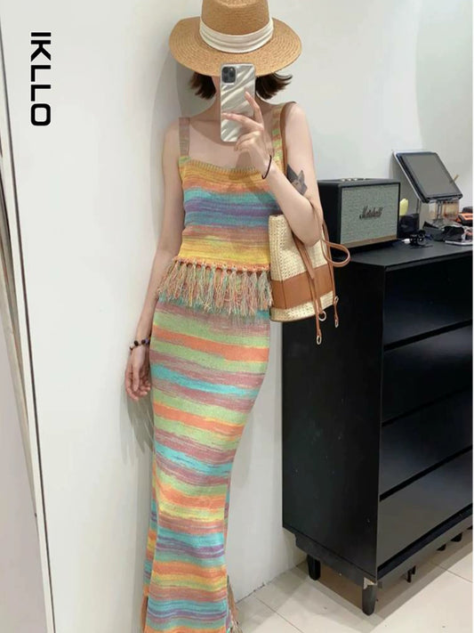 Fashion women's wear Summer New Women's Seaside Holiday Rainbow Color Strap Dress Classic Style Set Matching Age-Reducing Suit Skirt
