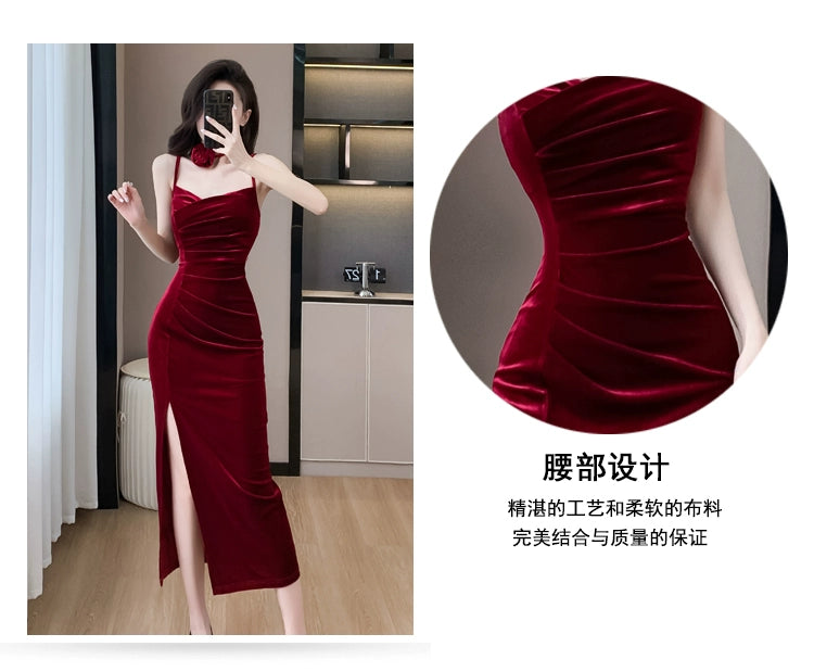 Fashion women's wear French Style Adult Lady like Woman Pleuche Spaghetti-Strap Dress Women's High-Grade Red Evening Dress 2024 Spring Women's Clothes Long Dress