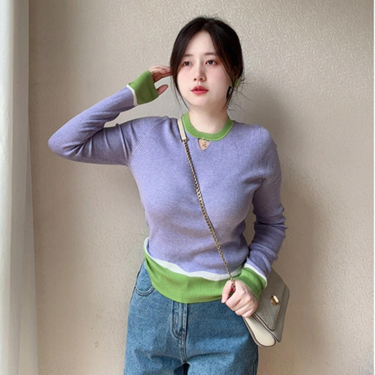 Dopamine tops Free shipping Tattoo Purple contrasting color dopamine wear temperament bottoming shirt knitted sweater women's autumn and winter inner wear foreign style age-reducing slim-fit top