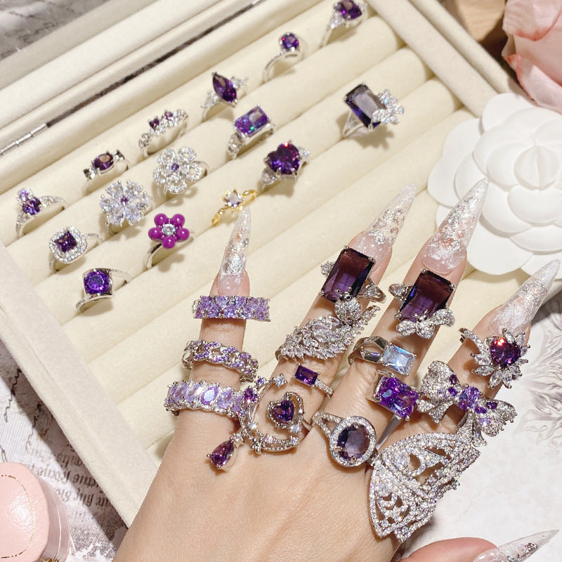 山茶超仙优雅梦幻紫钻系列戒指 镀18K金原创设计奢华爆闪高级指环
