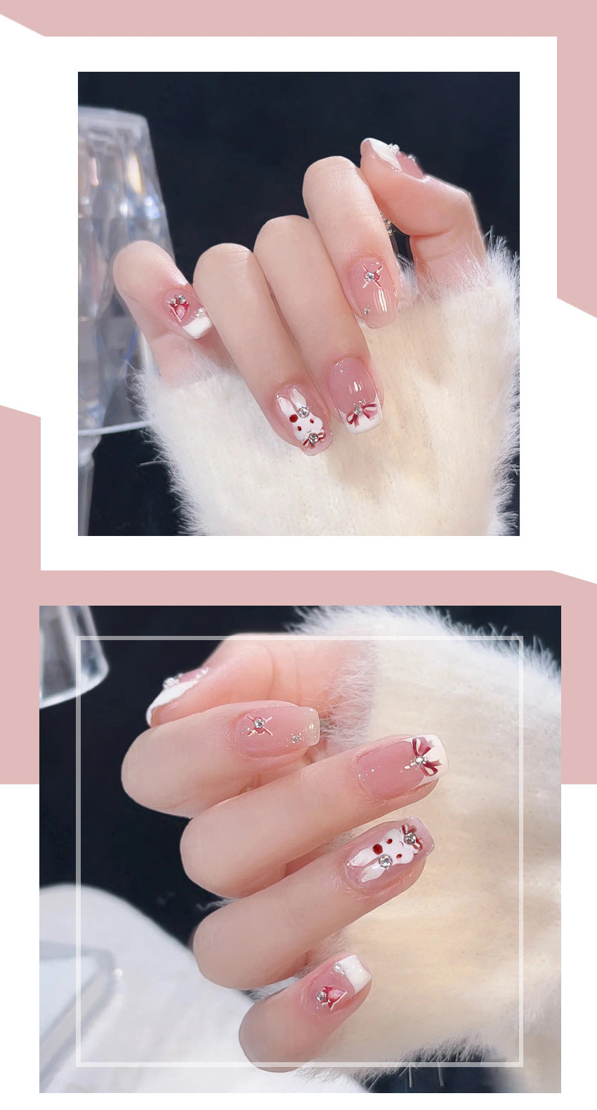 Fashion  nail French Rabbit Bow Fake Nail Patch Finished Nail Beauty Wearable Nail Stickers X100