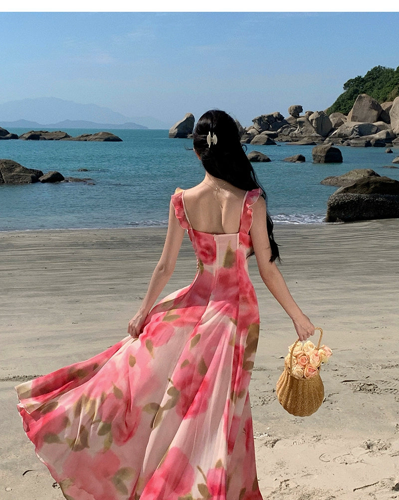 Fashion women's wear Tea Break French Chiffon Sling Dress Fairy Summer Sanya Seaside Vacation Beach Swing Long Dress Elegant