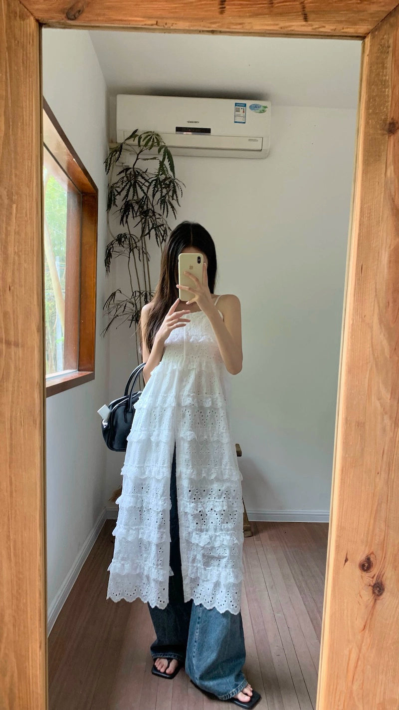 Fashion women's wear Fashionable Embroidery Hollow out Sweet Spaghetti-Strap Dress Women's Clothing Spring 2024 New Mid-Length Waist Split Skirt