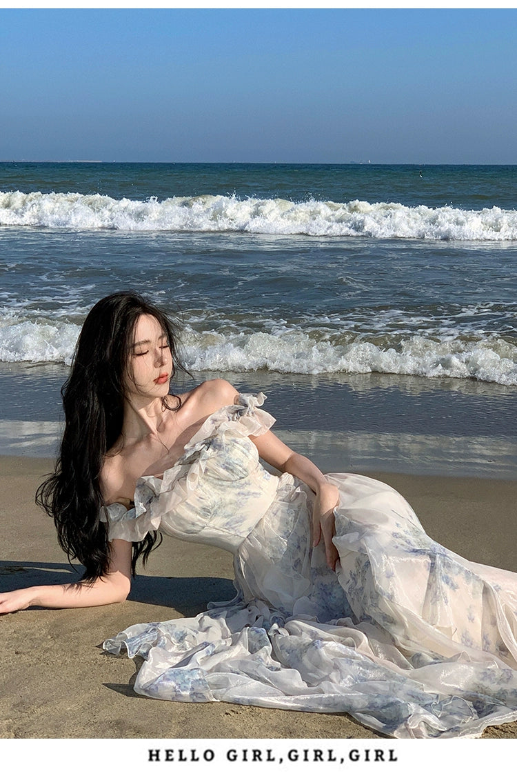 Fashion women's wear Seaside Vacation Style Suspender Skirt Yarn French Ruffled Beach Dress Atmosphere Long Skirt Elegant Fairy Style