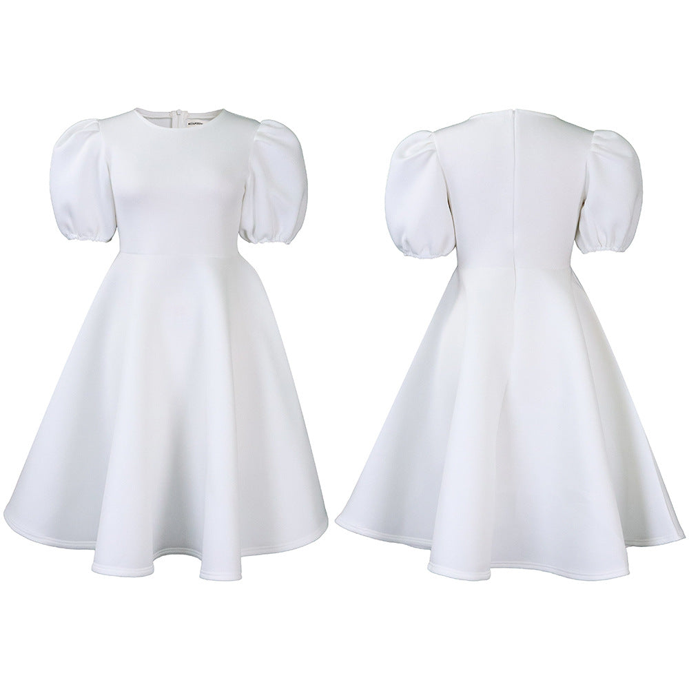Fashion women's wear Cross-Border European and American Amazon Summer round Neck Graceful Puff Sleeve Waist-Controlled Large Hem Elegant A- line Foreign Trade Dress