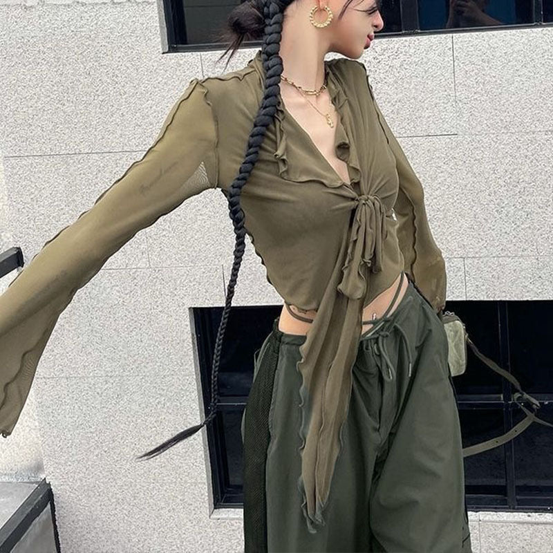 Free shipping  Spice Girl Long Sleeve T-Shirt Women's New Wear V-Neck Perspective Strap Skinny Cardigan Flared Sleeve Short Top tops
