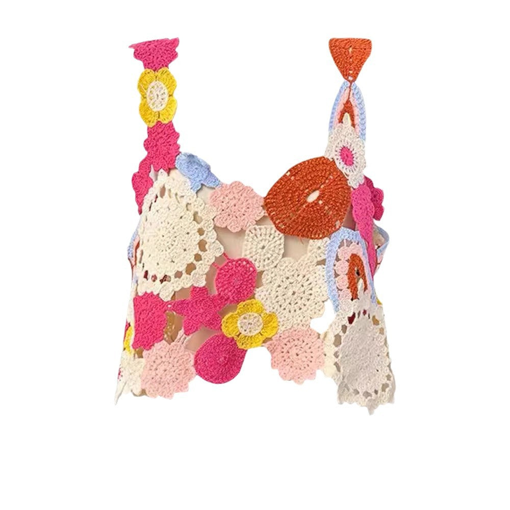 Dopamine tops Free shipping Tattoo Dopamine girly feeling colorful flower hollow sling vest women's summer design sense niche sweet knitted top