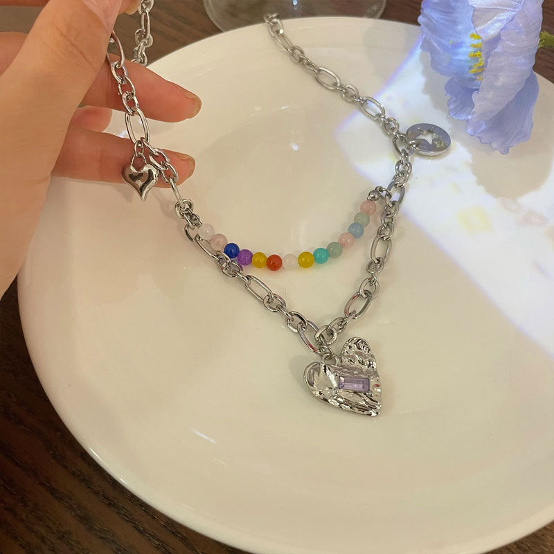 爱心项链女夏甜酷风ins嘻哈潮辣妹小众设计感串珠锁骨链颈链批发
