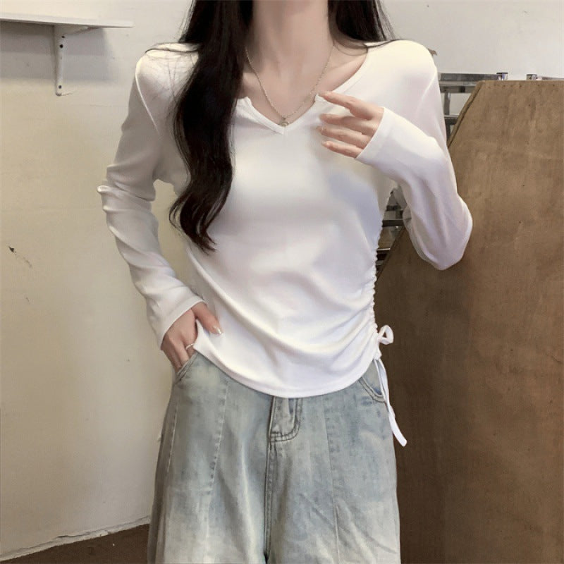 Dopamine tops Free shipping Tattoo V-neck drawstring niche slim long-sleeved T-shirt women's autumn slim-fit design chic short top with bottoming shirt
