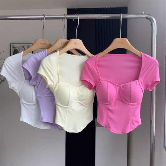 Dopamine tops Free shipping Tattoo Dopamine top 2023 comes with bra big U-neck short-sleeved T-shirt for women's summer slim and thin, fast AliExpress cross-generation hair