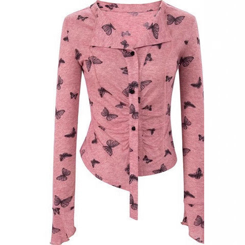 Dopamine tops Free shipping Tattoo Autumn and winter new pink long-sleeved t-shirt pure sweet and cool Spice Girl design sense V-neck cardigan gentle Versailles top