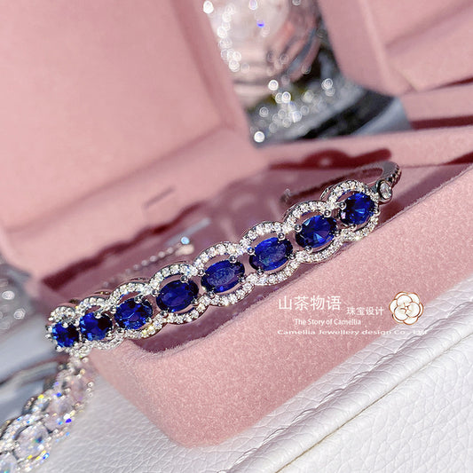 Camellia复古仿斯里兰卡蓝宝手镯 镀金蓝刚玉强保色双排满锆手饰