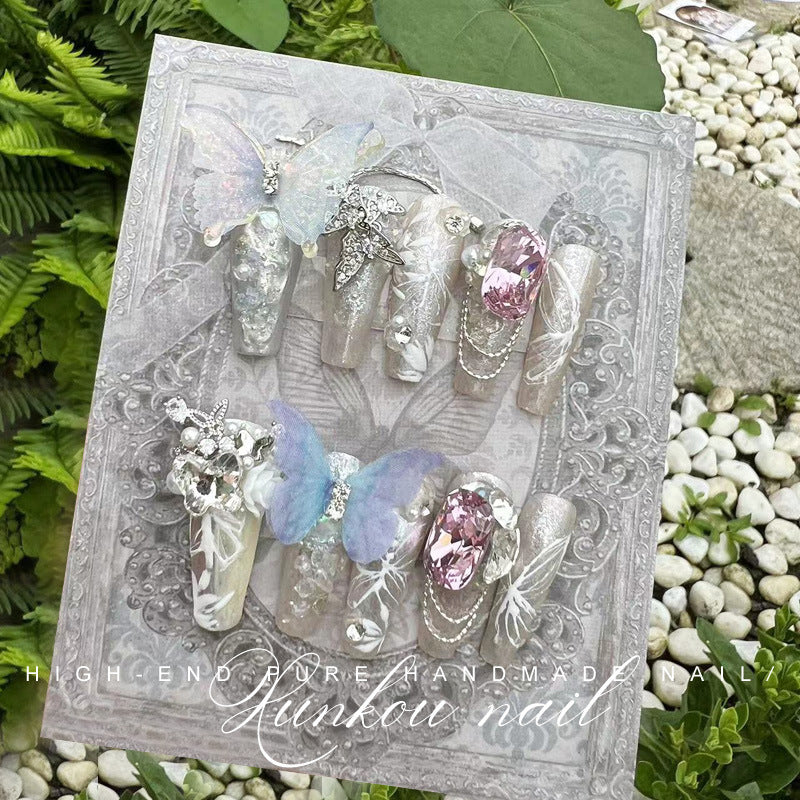 (Hand-Made Nail) Purple White Heavy Industry Secret Garden Flash Pink Diamond Pearl Sequins Hand-Worn Nail Beauty Ins Style Disassembly
