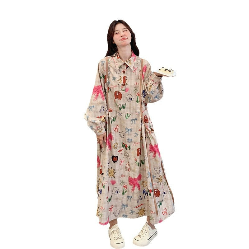 Dopamine dress Free shipping Tattoo Design sense niche printing graffiti dopamine printing polo collar long dress spring and autumn new Korean version loose dress
