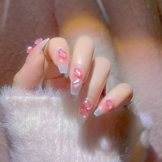 Fashion  nail Hot Rock Candy Cube Diamond Manicure Fake Nails Fairy Sweet Short Blush Square Diamond Wear Manicure Y53