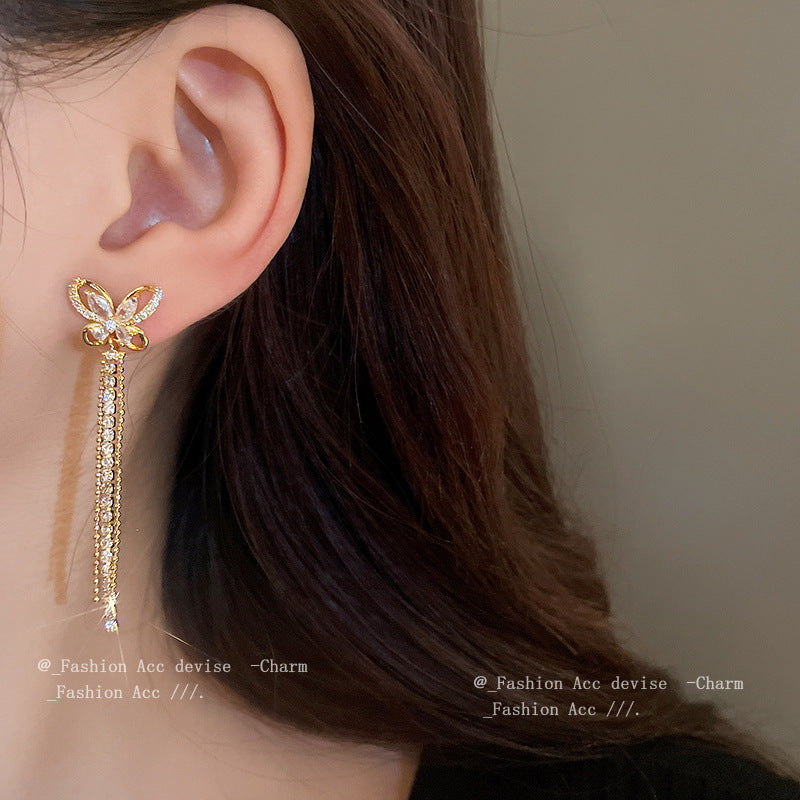 真金电镀银针锆石蝴蝶流苏耳环甜美百搭耳钉轻奢高级感耳饰批发女