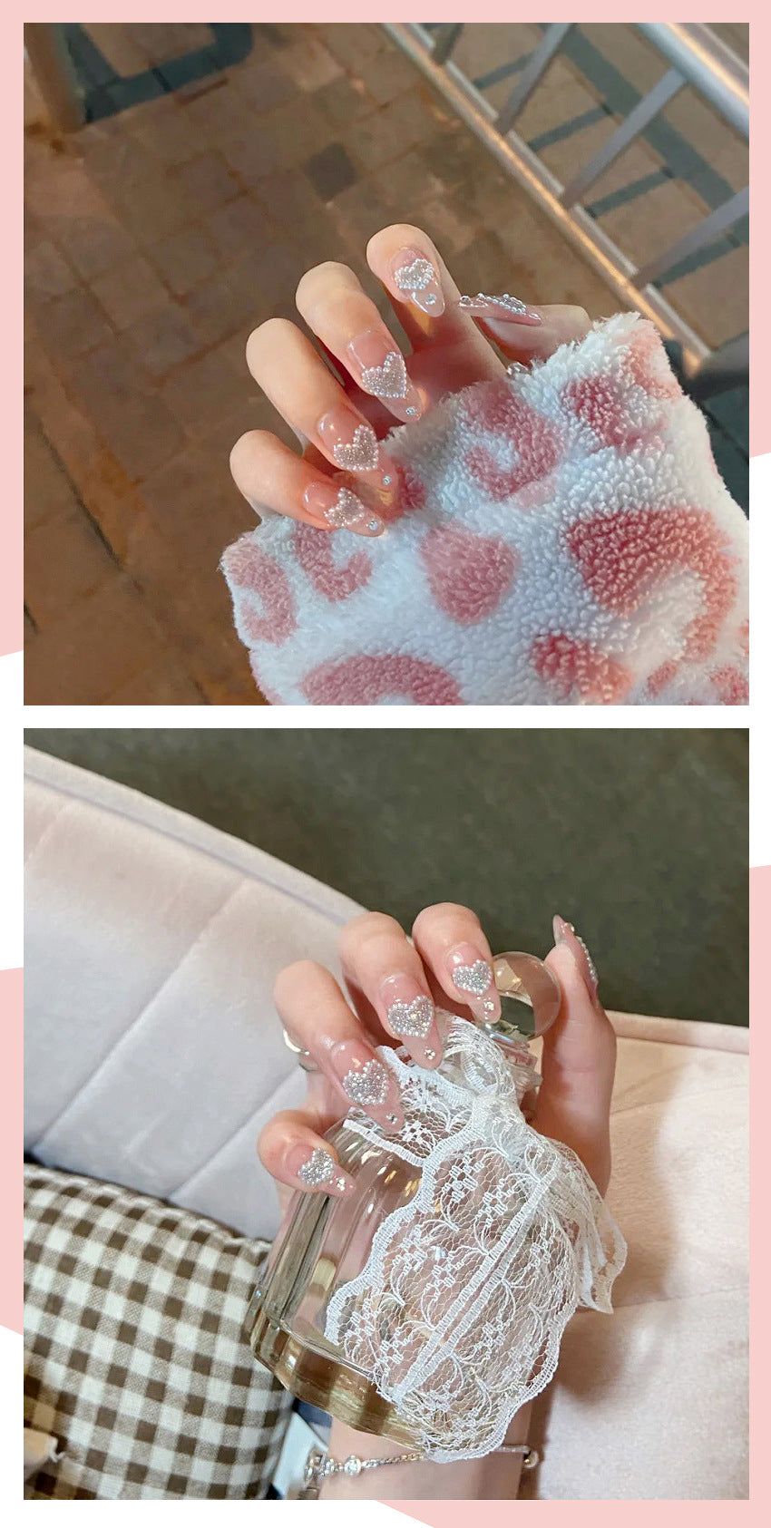 Fashion  nail Wearable Nail Nail Stickers Nail Patch Fake Nails Detachable Peach Heart Pearl Nail Tip Nail Sticker X2