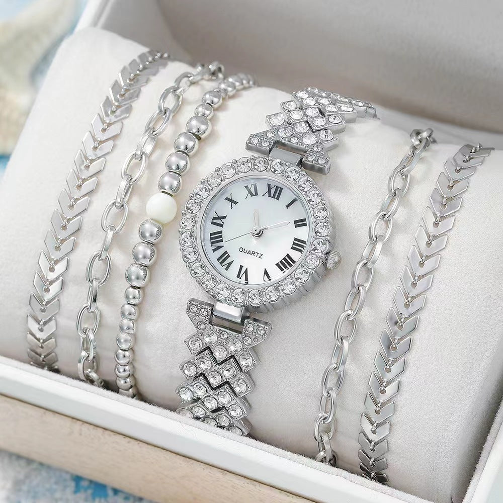 Women's fashion watch Casual fashion diamond set simple Roman pattern women's watch 6pcs gift box