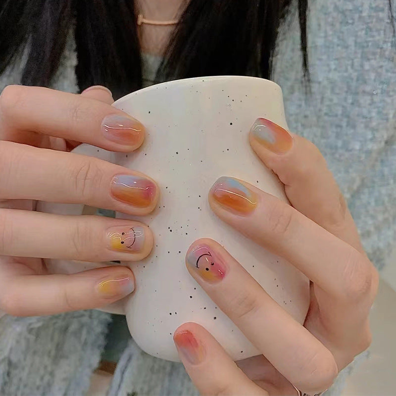 晕染笑脸穿戴甲ins风指甲贴片小众美甲片假指甲美甲贴片成品批发