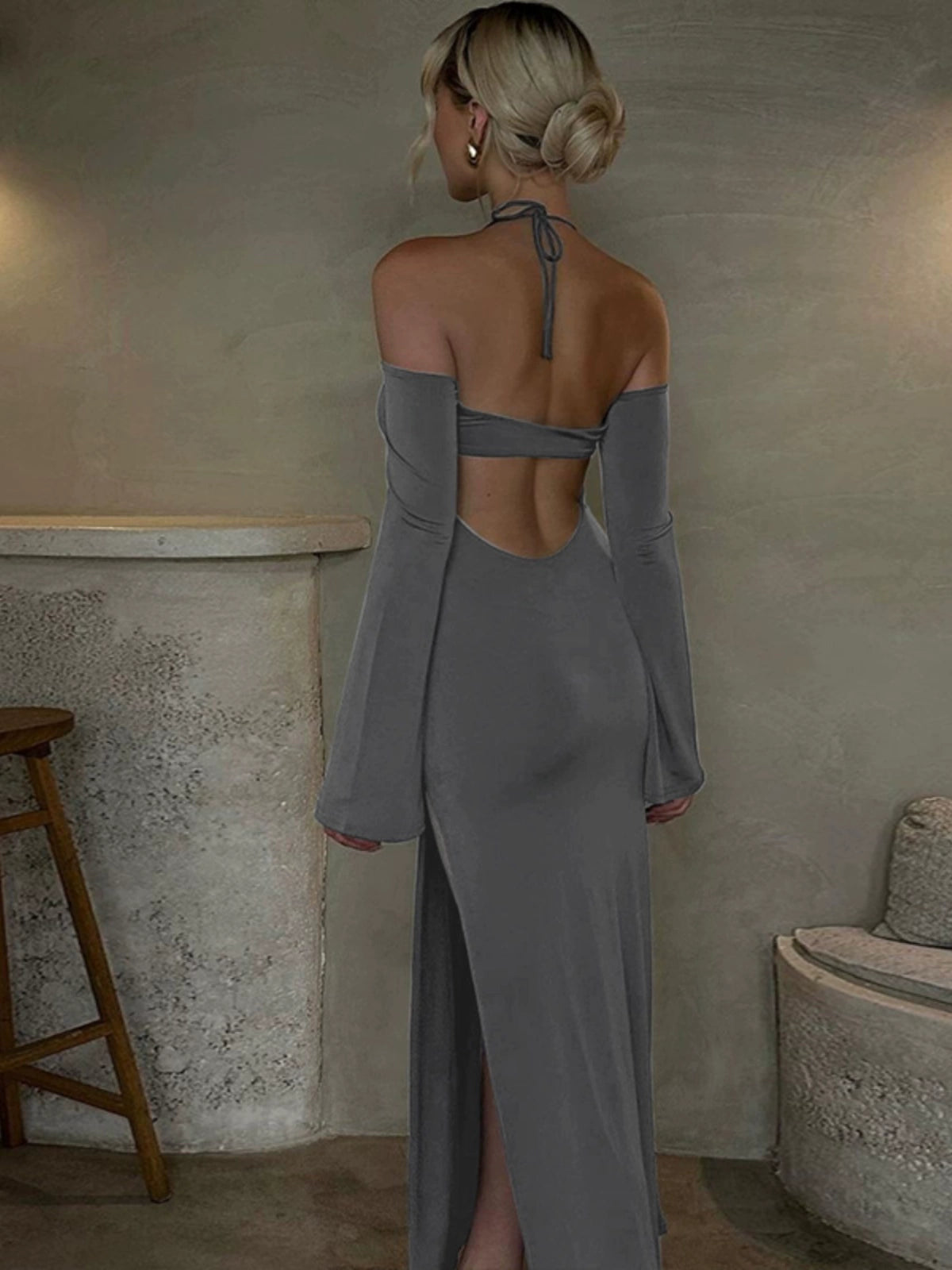 Fashion women's wear Slimming off-Shoulder Long Sleeve Halter Dress Early Autumn New Hot Girl Sexy Backless Sheath Split Dress Fashion