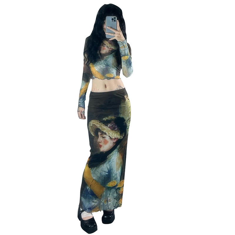 Fashion women's wear Q23tp663 American Fashion Girl Print Design Transparent Long Sleeves Cropped Top Long Skirt Women's Suit