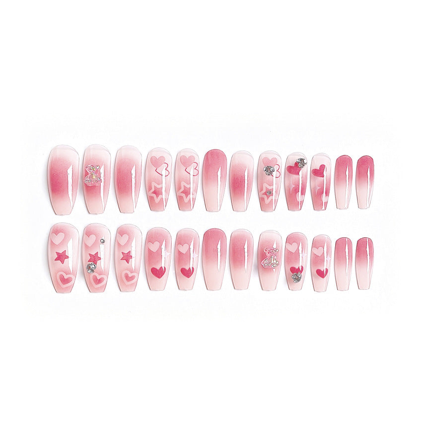 Fashion  nail New Bear Peach Heart Cute Long Finished Nail Beauty Wearable Fake Nails Removable Nail Tip Wearable Nail X75