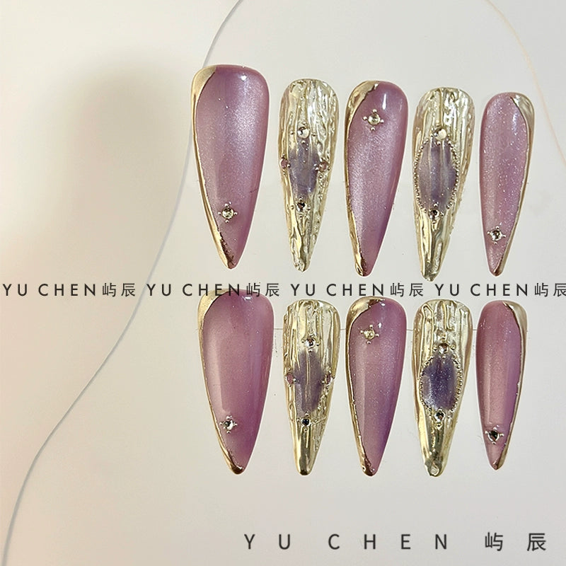(Hand made nail) Original by Yuchen | Purple Buchirati Nail Wearing Nail Handmade Cat Eye Light Gold 3D Relief Heavy Industry