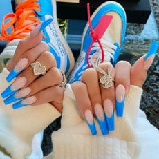 (Hand-made nail) Spice girl Europe and America, dark and long manicure nail, ballet nail, flat head, white, fake nails, wearing beautiful patch, finished product.
