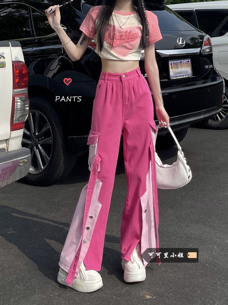 Dopamine pants Free shipping Tattoo Pink tooling jeans women's spring spice girl dopamine high waist temperament design sense color matching straight trousers