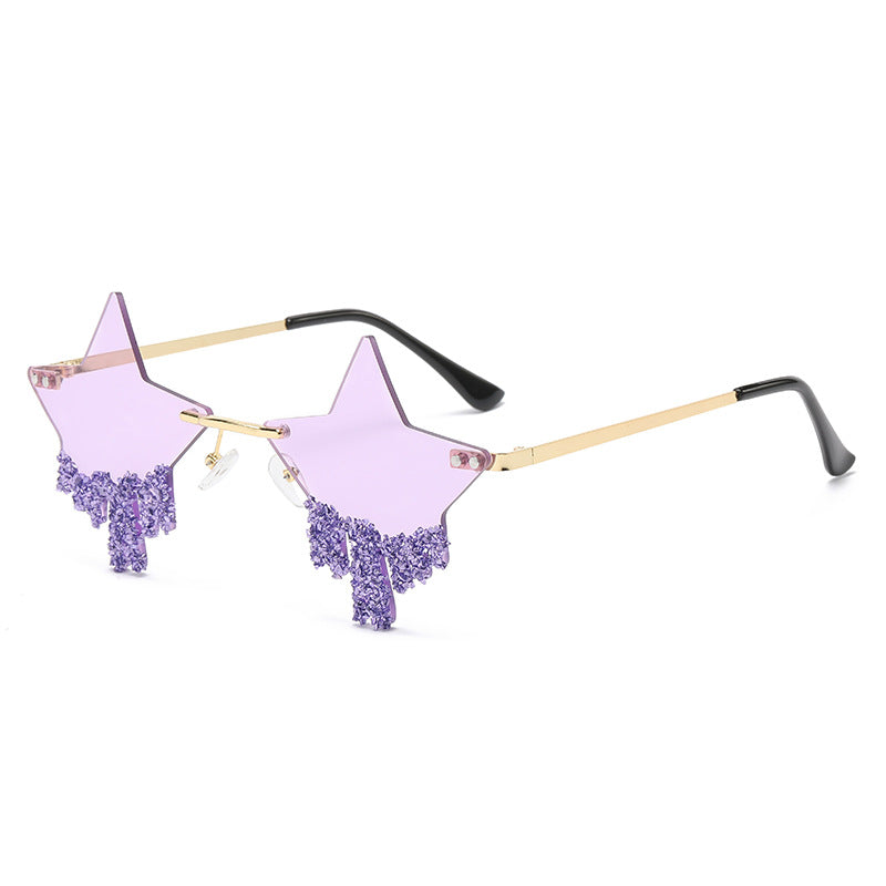 Women's fashion glasses 新款欧美五角星镶钻无框太阳镜女时尚个性夸张墨镜防紫外线