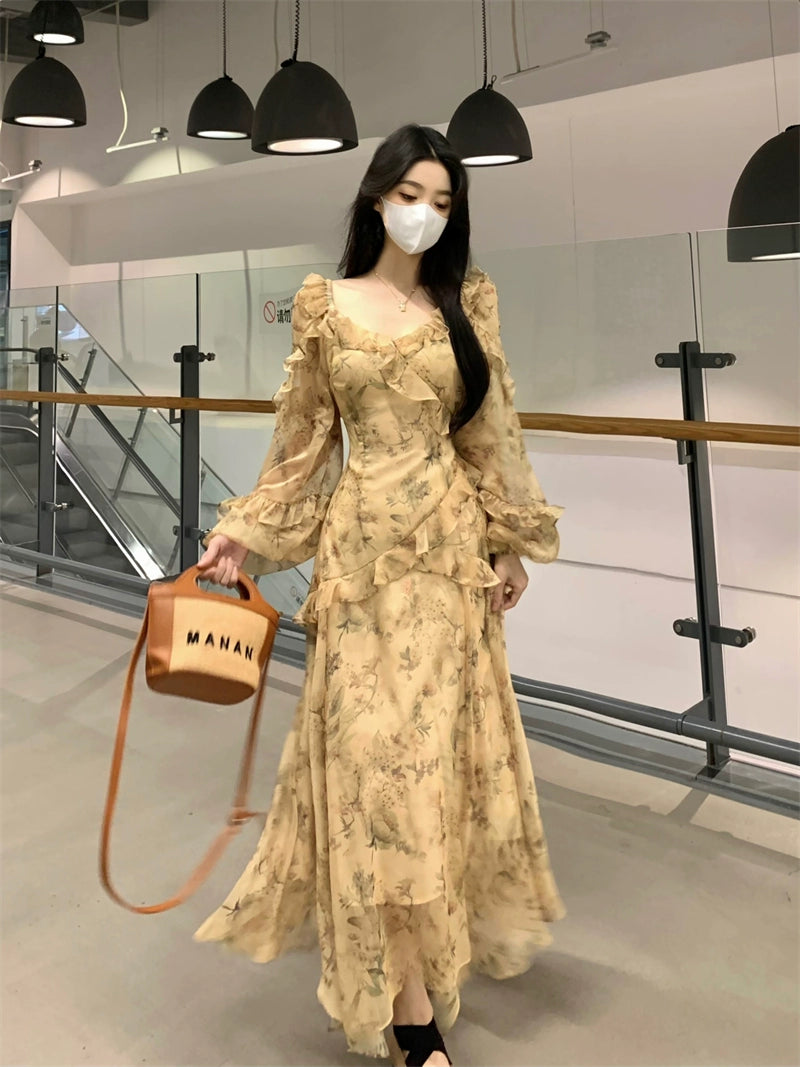 Fashion women's wear French Style Beautiful Yellow Floral Dress Spring plus Size Plump Girls Slimming Fairy Long Dress Style Skirt