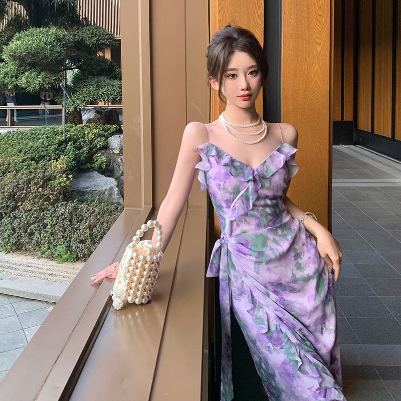 Fashion women's wear Purple Retro Irregular Yunnan Wear Travel Chiffon Floral Strap Dress Seaside Beach Skirt Summer