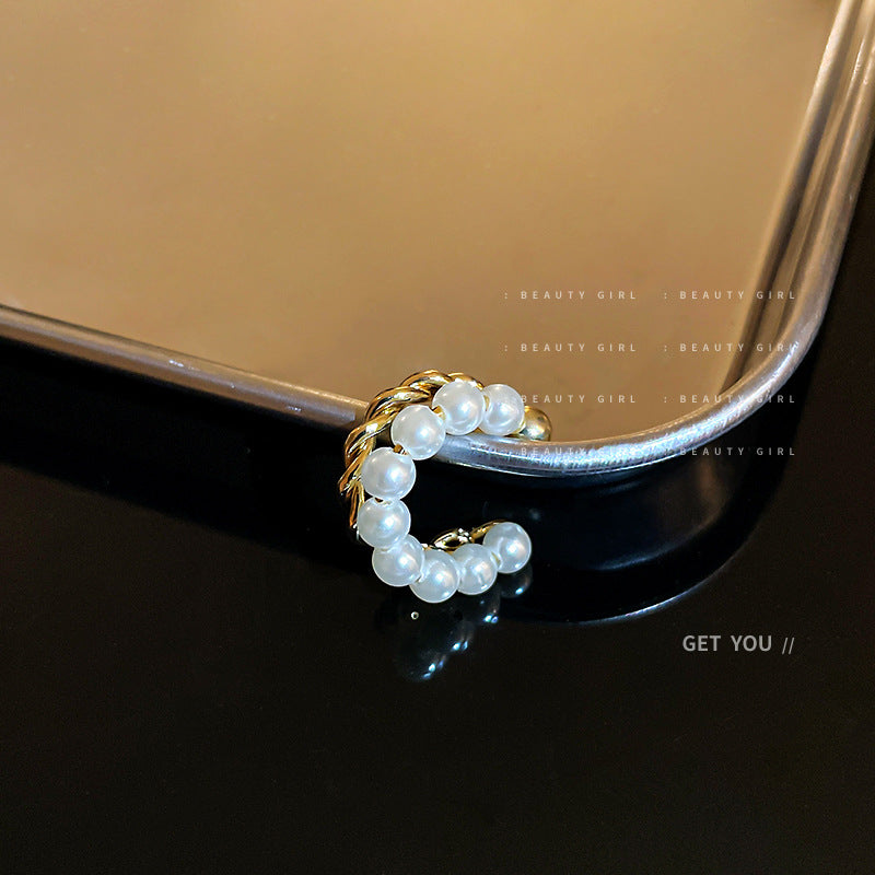 真金电镀银针珍珠麻花双层耳环法式复古无耳洞耳骨夹简约百搭耳饰