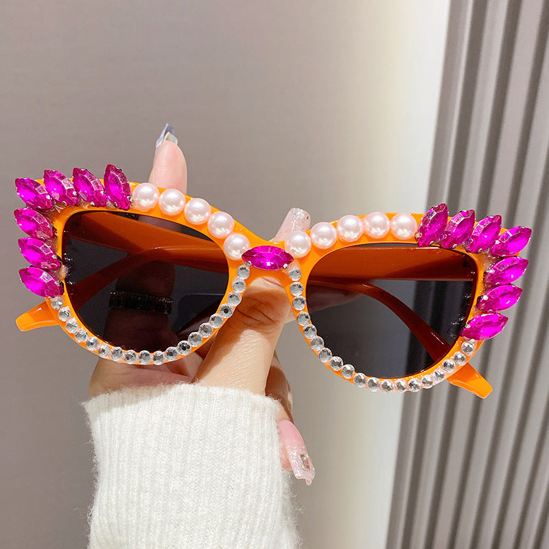 Women's fashion glasses 跨境新款镶钻太阳镜 欧美时尚网红ins水钻眼镜个性嘻哈珍珠墨镜女